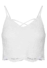 Weißes florales Spitzen-Crop-Top mit dünnen verstellbaren Trägern, V-Ausschnitt und gewelltem Saum, das ein überkreuztes Rückendesign aufweist.