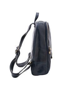 Borsa in pelle blu navy di forma rettangolare, con una cerniera dorata e tracolla regolabile. Tasca laterale con dettagli hardware simili.