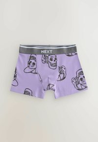 Boxer shorts viola con stampa grafica nera di teschi cartoon con cuffie e varie espressioni facciali. Vita elasticizzata con logo.
