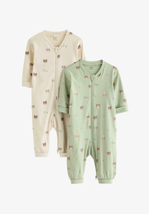 Deux grenouillères pour bébé zippées : une beige clair avec des imprimés d'ours, l'autre vert pâle avec des motifs similaires. Les deux ont des manches courtes et des poignets élastiques.