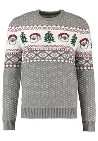 Grauer Strickpullover mit festlichem Design, das Santa-Gesichter und Weihnachtsbäume über der Brust zeigt, mit geripptem Halsausschnitt und Saum.