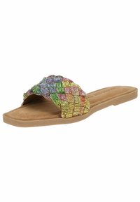 Platte teensandalen met een geweven bovenkant versierd met veelkleurige rhinestones, een zachte bruine zool en een gestructureerd voetbed voor comfort.