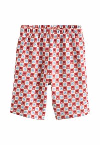 Rote und blaue gemusterte Shorts mit elastischem Bund, die ein Rautendesign aus kleinen Blumen und Herzen zeigen, aus weichem Material gefertigt.