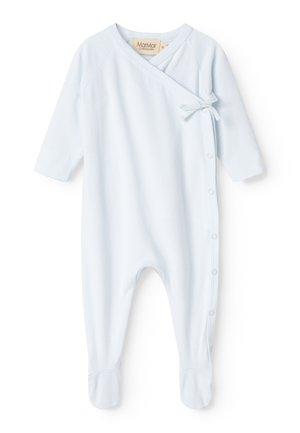 Hellblaues Baby-Overall aus weicher Baumwolle, mit langen Ärmeln, Druckknopfverschluss an der Seite und einer gebundenen Schleifenakzent.