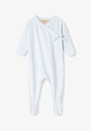 Un body pour bébé bleu clair en coton doux, avec des manches longues, une fermeture à boutons-pression sur le côté et un accent en nœud à nouer.