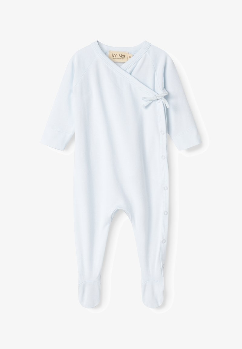 Hellblaues Baby-Overall aus weicher Baumwolle, mit langen Ärmeln, Druckknopfverschluss an der Seite und einer gebundenen Schleifenakzent.
