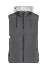 Grå ermeløs puffervest med en beige hette, frontlukking med glidelås og snorer. Har quiltet tekstur og sidelommer.