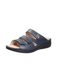 Navy blue slide sandals with three wide straps, leather material, open toe, padded insole, and a decorative silver flower accent.