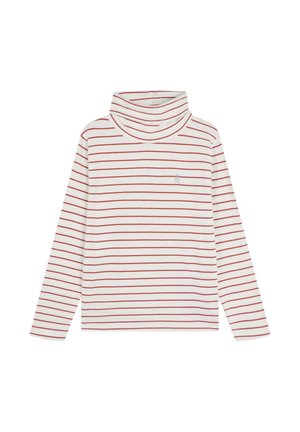 Camisa de manga larga, con cuello alto, en blanco con rayas rojas. Tejido suave; presenta un sutil detalle de logo en el pecho.