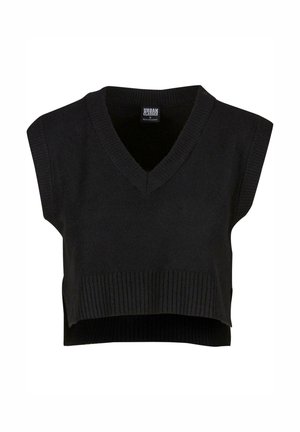 Zwarte cropped sweatervest met een V-hals, korte mouwen, geribde zoom en een gladde textuur. Etiket met de naam "Urban Classics" binnenin de hals.