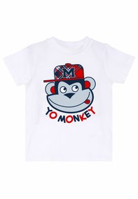 Hvid bomulds t-shirt med et grafik af en tegneserieabe i en rødternet kasket, med teksten "YO MONKEY!" i rød og sort skrift.