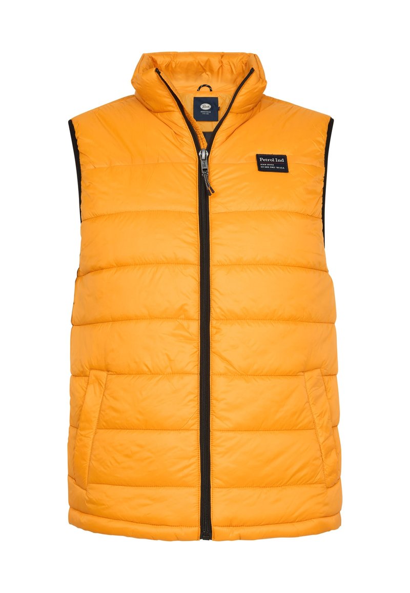 Gelbe gesteppten ärmellose Weste mit schwarzem Reißverschluss und zwei vorderen Taschen, ausgestattet mit einem kleinen rechteckigen Petrol Ind Logo-Patch auf der Brust.