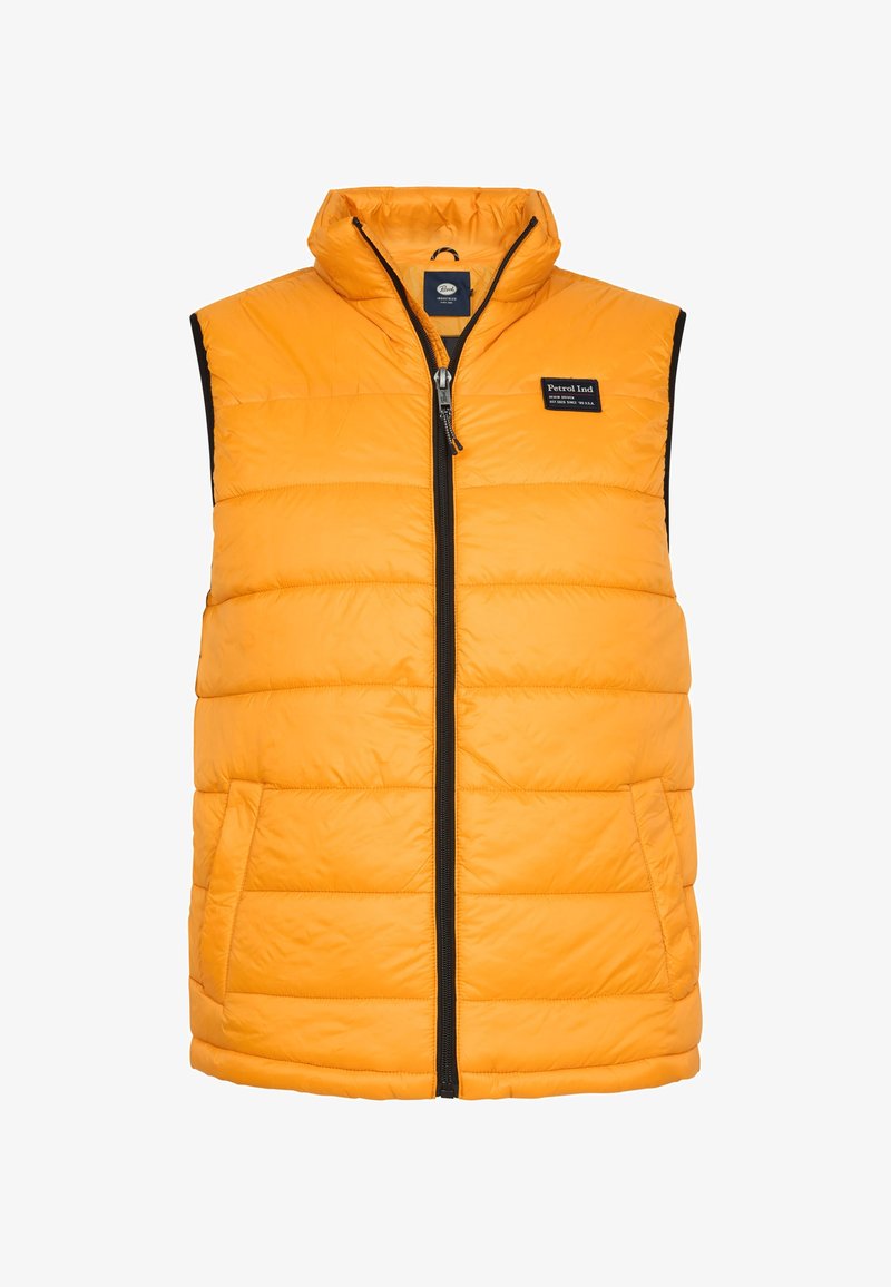 Gelbe gesteppten ärmellose Weste mit schwarzem Reißverschluss und zwei vorderen Taschen, ausgestattet mit einem kleinen rechteckigen Petrol Ind Logo-Patch auf der Brust.