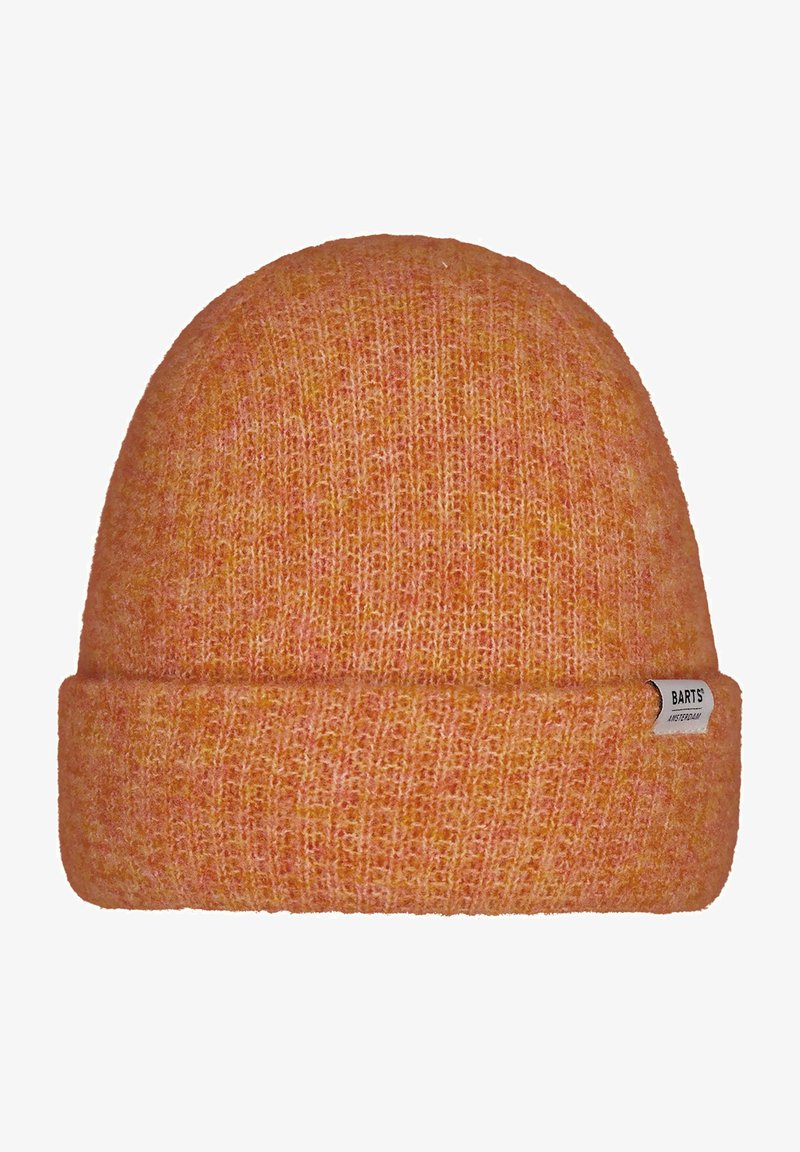 Bonnet en tricot orange avec un tissu texturé, présentant un revers replié et une petite étiquette de marque sur le côté.