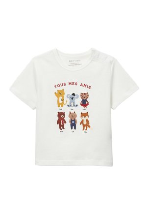 T-shirt blanc pour tout-petit avec six animaux dessinés animés nommés Fred, Peter, Baker, Momo, Will et Rufus sous la phrase "Tous Mes Amis."