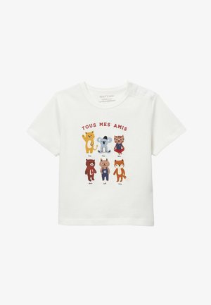 T-shirt blanc pour tout-petit avec six animaux dessinés animés nommés Fred, Peter, Baker, Momo, Will et Rufus sous la phrase "Tous Mes Amis."