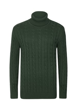 Dark green cable-knit turtleneck sweater with long sleeves and ribbed cuffs and hem, displayed on a white background.
