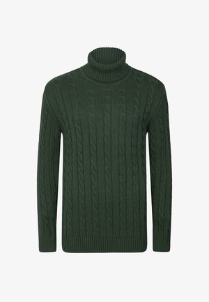 Pull à col roulé en maille torsadée vert foncé avec manches longues et poignets et ourlet côtelés, présenté sur un fond blanc.