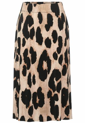 Beige plisseret nederdel med stort uregelmæssigt sort leopardmønster, elastisk taljebånd, knælængde.