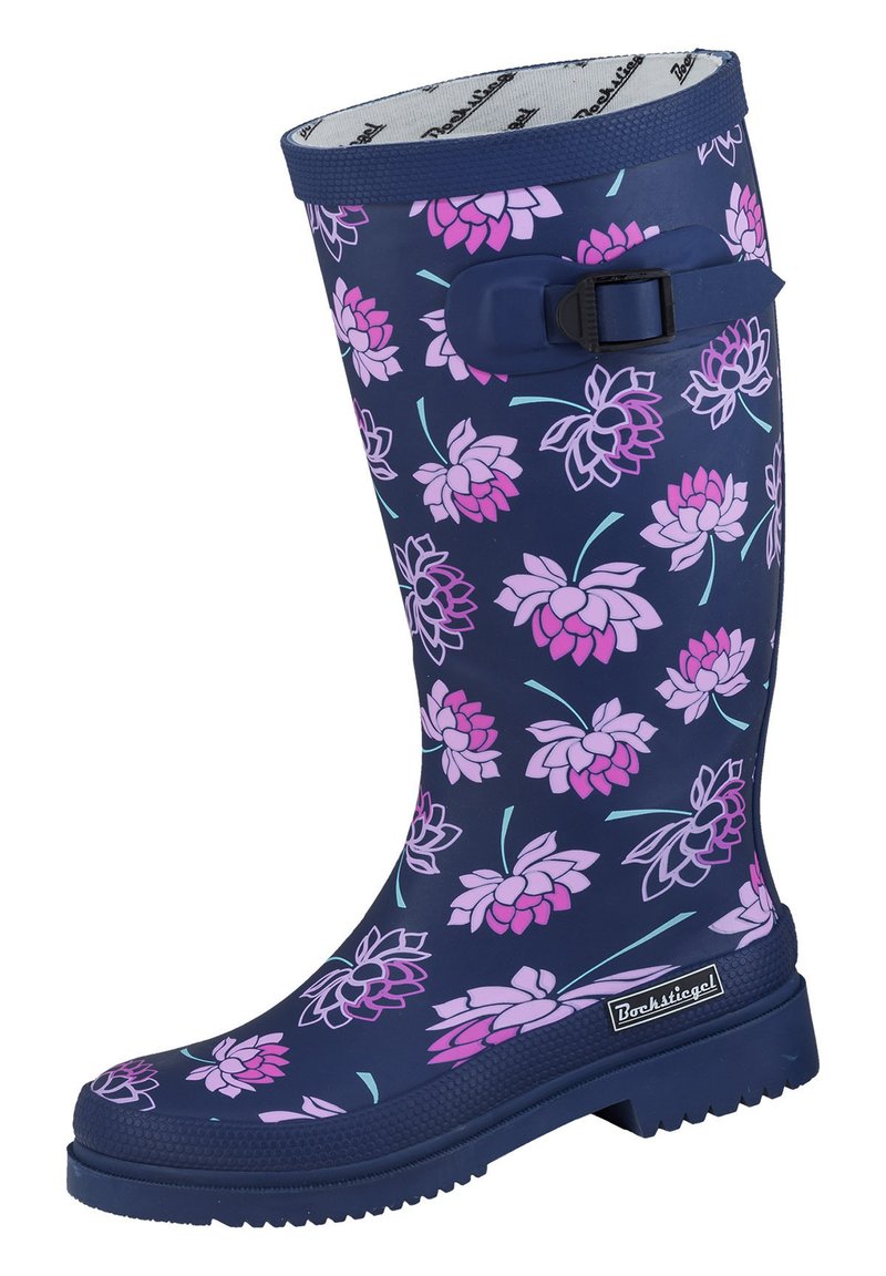 Navy rubber rain boot with pink floral pattern, buckle detail, textured sole, and cushioned interior lining. Suitable for wet weather use.