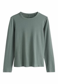 Long-sleeved shirt in a muted green color, made of ribbed fabric, featuring a crew neck and a loose, straight cut without embellishments.