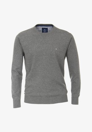 Grijze gebreide trui met lange mouwen, ronde hals, geribde manchetten en zoom, met een klein logo op de borst. Vlotte textuur.