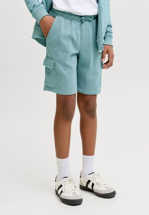 Personne portant un short cargo bleu sarcelle au genou, des chaussettes blanches, des baskets blanches avec des rayures noires, et une veste zippée assortie bleu sarcelle.