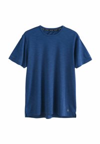 Camiseta azul de manga corta hecha de una tela suave con un sutil patrón jaspeado. Presenta un escote redondo y aberturas laterales en el dobladillo.