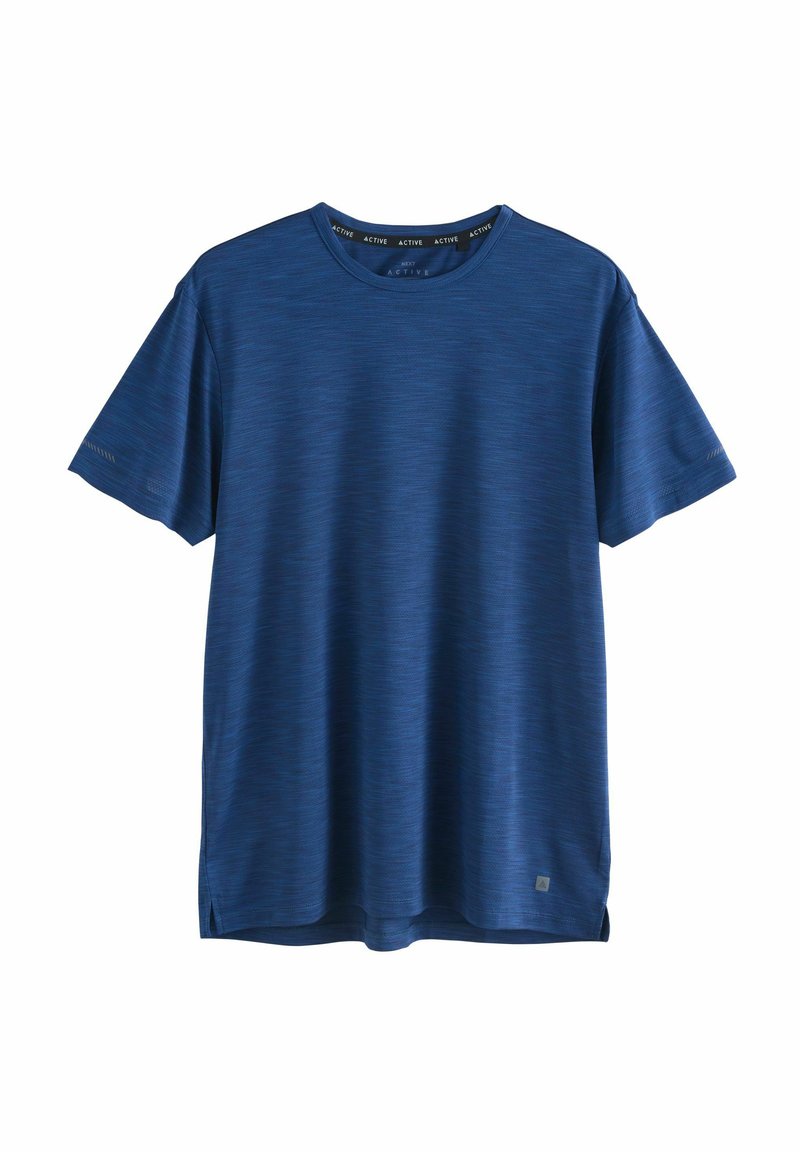 Blå kortærmet t-shirt lavet af glat stof med et subtilt meleret mønster. Har en rund halsudskæring og sideskafter ved sømmen.