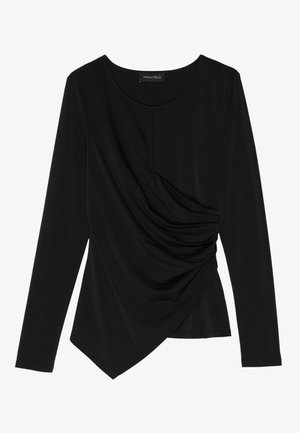 Black long-sleeve top featuring a draped design with a diagonal hem. Made from stretchy fabric with a classic round neckline and subtle stitching.