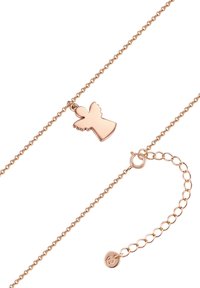 Ogrlica iz roza zlata z obeskom v obliki angela. Ima fino verigo in nastavljiv zaponko z okroglo okrasno podrobnostjo.