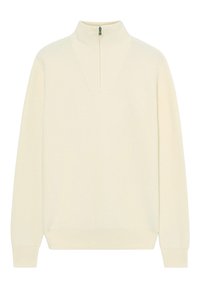 Pletený pulovr v krémové barvě s vysokým límcem a polovičním zipem. Vyznačuje se ribovanou texturou a dlouhými rukávy s přiléhavými manžetami. Jednoduchý, čistý design.