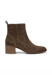 Brown suede ankle boot with block heel, side zipper, pull tab, and stitched detailing along the sides.