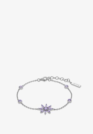 Bracelet chaîne en argent avec des pierres précieuses violettes disposées en forme de fleur au centre et une petite étiquette "JETTE" près du fermoir.