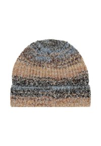 Beanie lavorato a maglia multicolore con filato testurizzato a anello in tonalità di grigio, blu, marrone e beige, con orlo ripiegato.