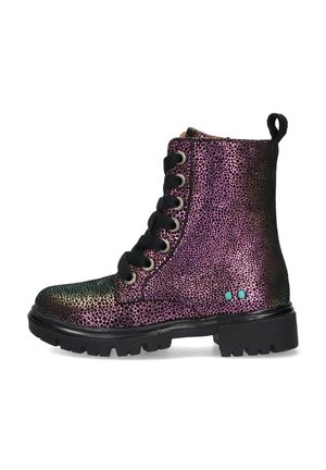 Lace-up ankle boot with a black sole and shiny, iridescent purple and green speckled synthetic upper. Features metallic eyelets and two turquoise accents.