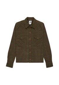Camicia a maniche lunghe a quadri verdi e marroni con colletto appuntito, bottoni a pressione sulla parte anteriore e due tasche sul petto con pattina e chiusura a pressione.