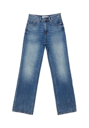 Jeans denim blu a gamba dritta con chiusura a bottone e cerniera, tasche frontali e porta monete, e dettagli di lavaggio sbiadito sottile.