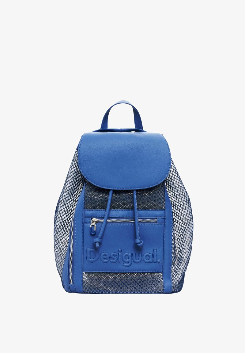 Blue backpack with a leather flap, mesh side panels, and a front zip pocket. Features a drawstring closure and embossed logo.