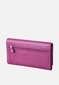 Purple leather wallet with a zippered pocket, rectangular shape, smooth texture, and gold hardware accents. Folded design for easy storage.