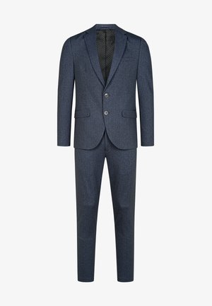 Marineblå jakkesæt med en enkeltstående jakke med to knapper, hak-lapel og bukser med flad front; tekstureret stof med et diskret mønster.