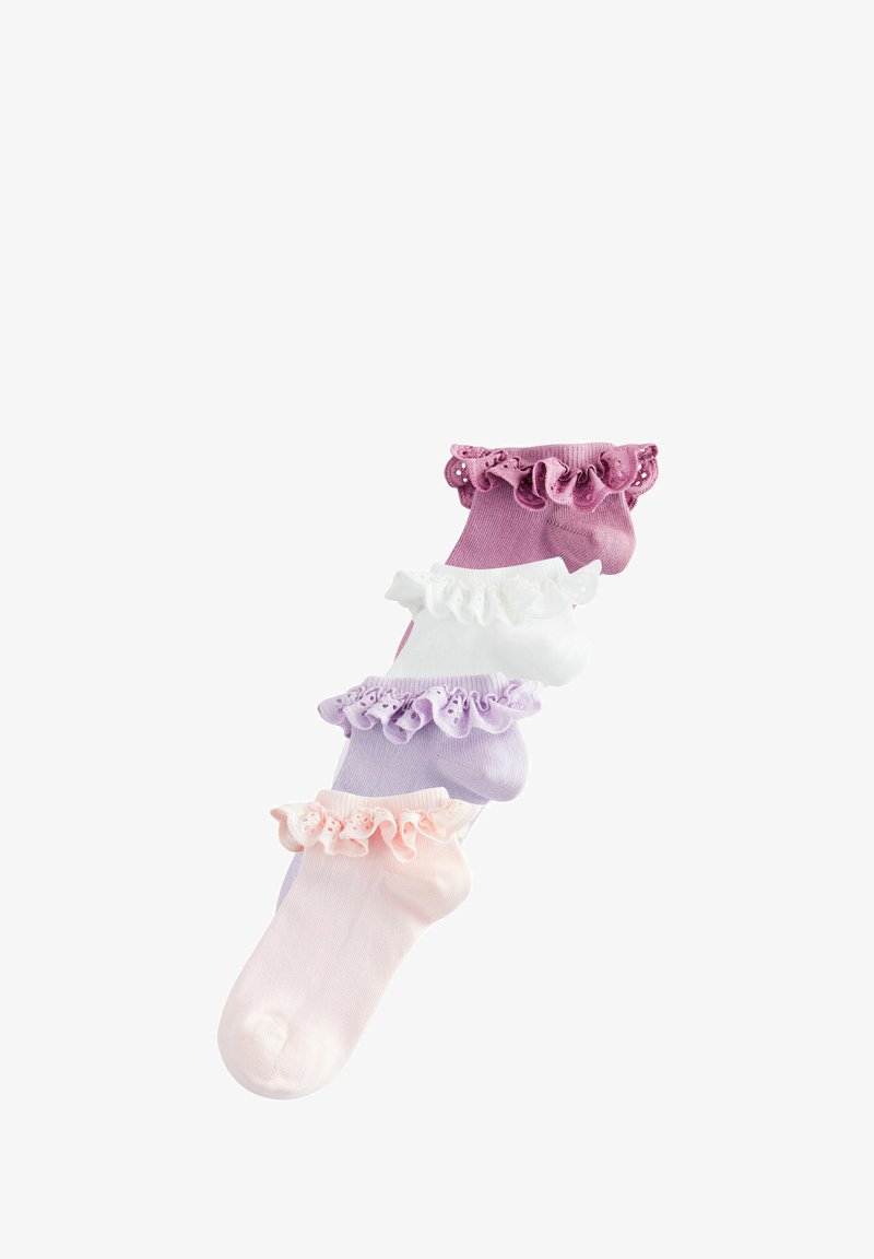 Viis paari pastelltooni randmesokke: roosa, valge, lavendel ja lilla, mille ülaosas on volangidega pitsdetailid.