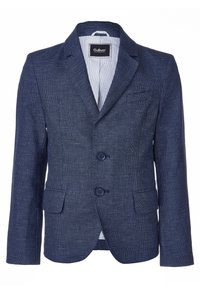 Blazer para niño de color azul marino con textura, con dos botones, bolsillos con solapa, bolsillo en el pecho, solapas muesca y forro interior a rayas.