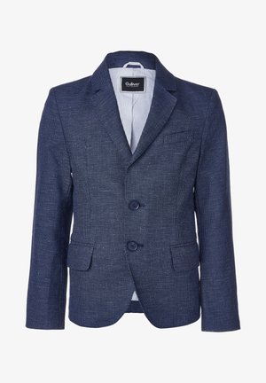 Navy blue textured boys' blazer with two buttons, flap pockets, chest pocket, notched lapels, and striped inner lining.
