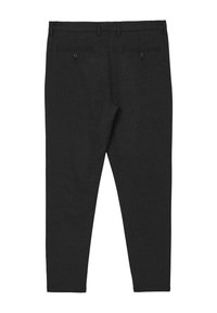 Schwarze maßgeschneiderte Hose aus strukturiertem Stoff, schmaler Schnitt, zwei Gesäßtaschen mit Knöpfen und flachem Frontdesign.