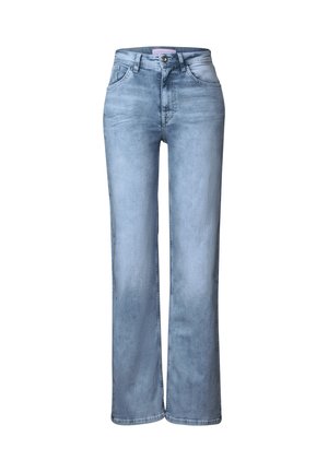 Jeans en denim bleu clair avec une coupe large, présentant une fermeture à bouton et fermeture éclair, cinq poches, et un léger délavage sur le tissu.