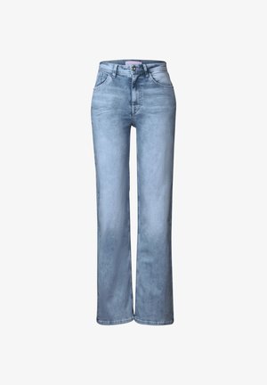 Light blue denim jeans with a wide-leg design, featuring a button and zipper closure, five pockets, and subtle fading on the fabric.