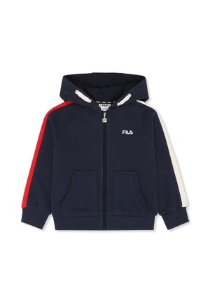 Donkerblauwe hoodie met ritssluiting, capuchon, witte trekkoorden, steekzakken aan de voorkant, een rode streep op de linkermouw, een witte streep op de rechtermouw en het FILA-logo op de borst.