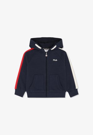 Sudadera con capucha y cremallera color azul marino, cordones blancos, bolsillos delanteros, franja roja en la manga izquierda, franja blanca en la manga derecha y logo de FILA en el pecho.