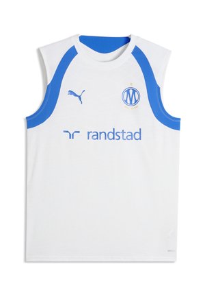 Biała, sportowa koszulka bez rękawów z niebieskimi lamówkami, logo Puma, herbem Olympique Marseille oraz nazwą sponsora Randstad z przodu.